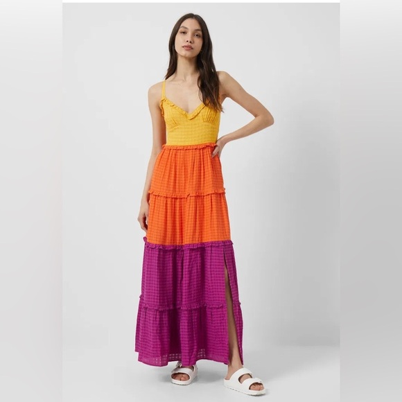 French Connection Adira Birch Tiered Maxi Dress. Size 4. Yellow orange, purple - Picture 4 of 16